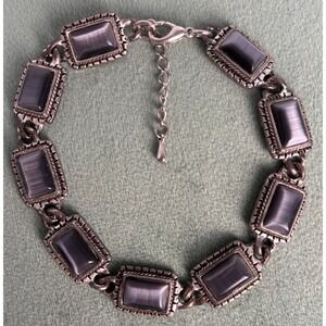 Vintage Silver Tone Grey Cats Eye Rectangular Link Bracelet Adjustable Goth P157